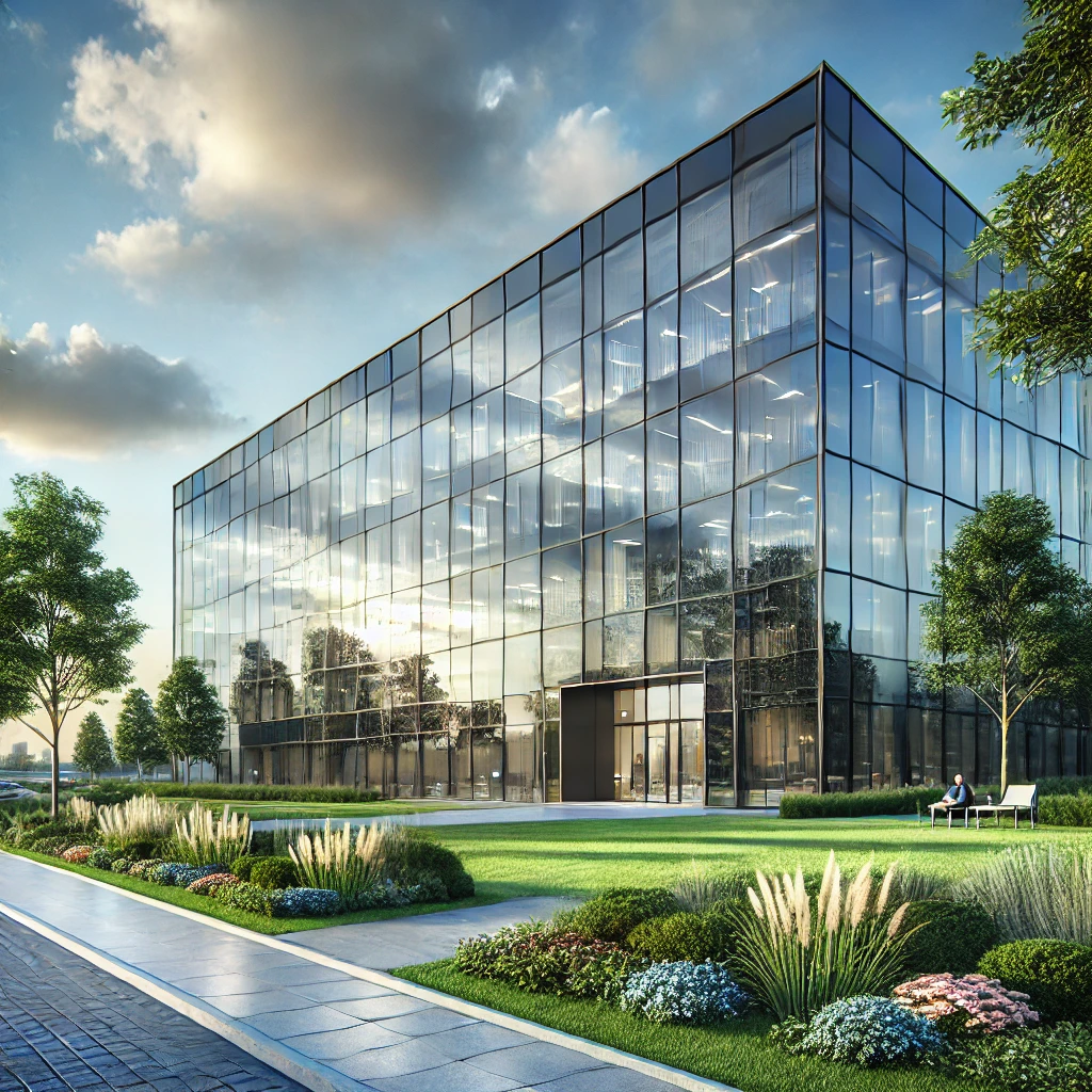 DALL·E 2024-09-26 13.23.15 - A realistic image of a modern commercial property with a sleek glass office building. The reflective facade shows the sky and nearby greenery. The lan